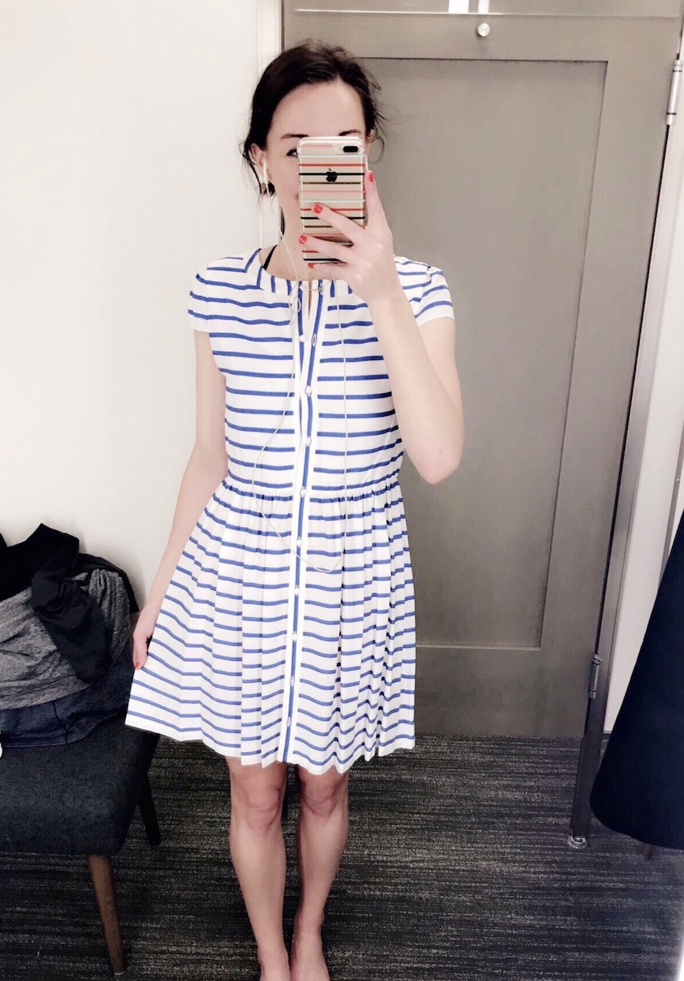 blue and white striped dress