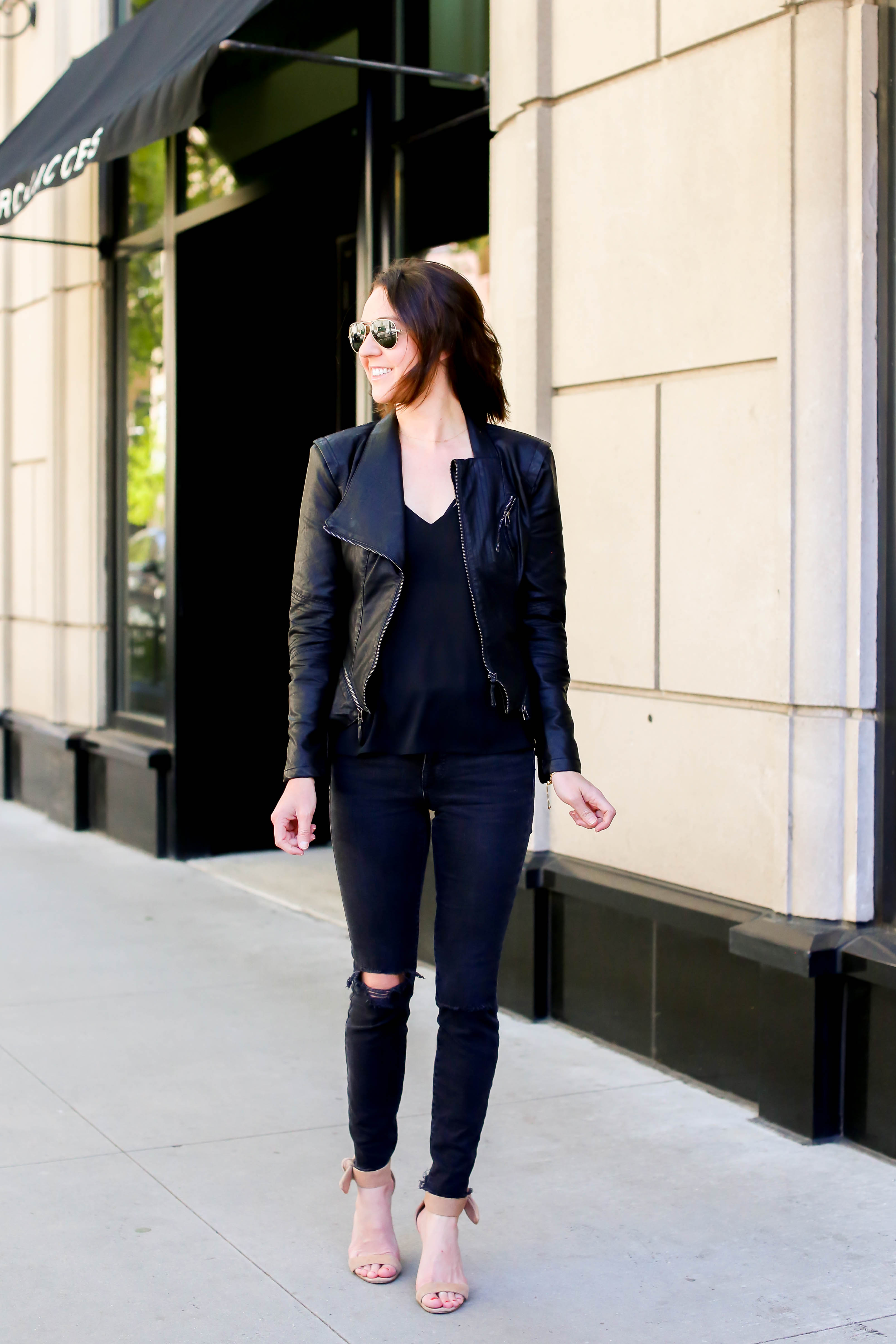 black distressed jeans + black faux leather jacket